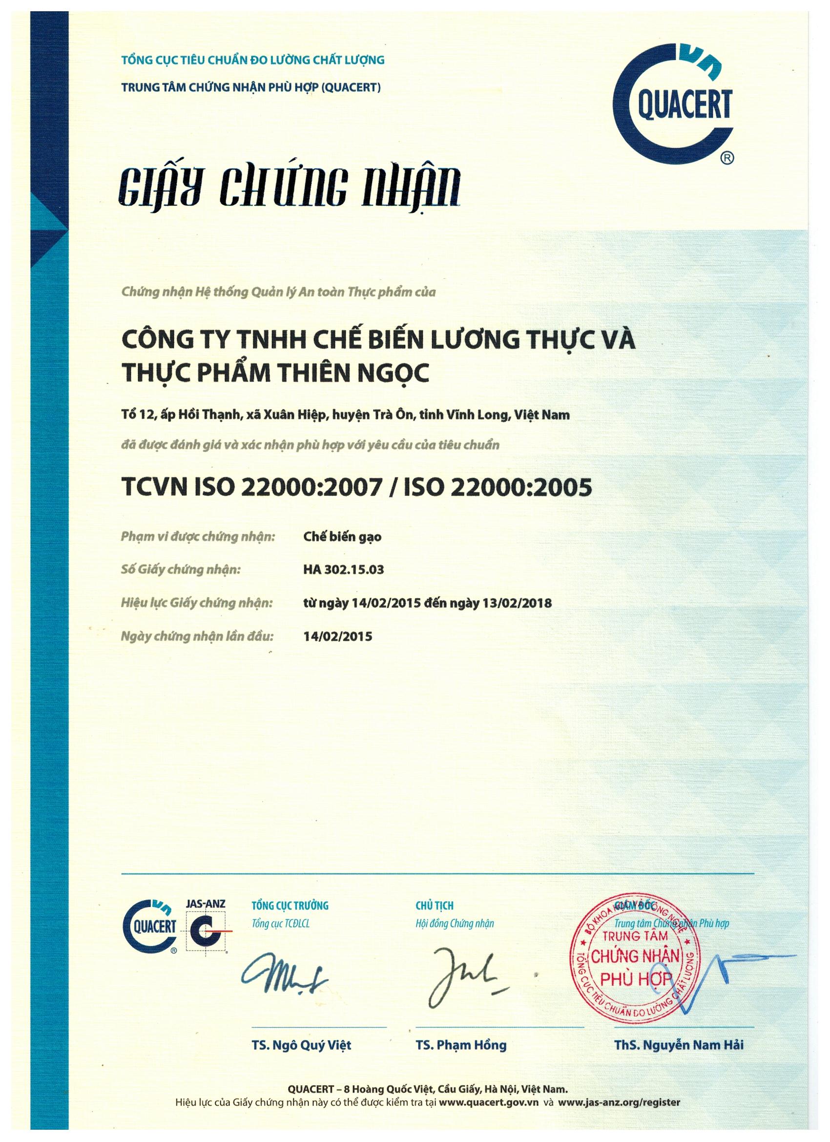 TCVN ISO 22000:2007/ISO 22000:2005 - Công Ty TNHH Chế Biến Lương Thực Và Thực Phẩm Thiên Ngọc